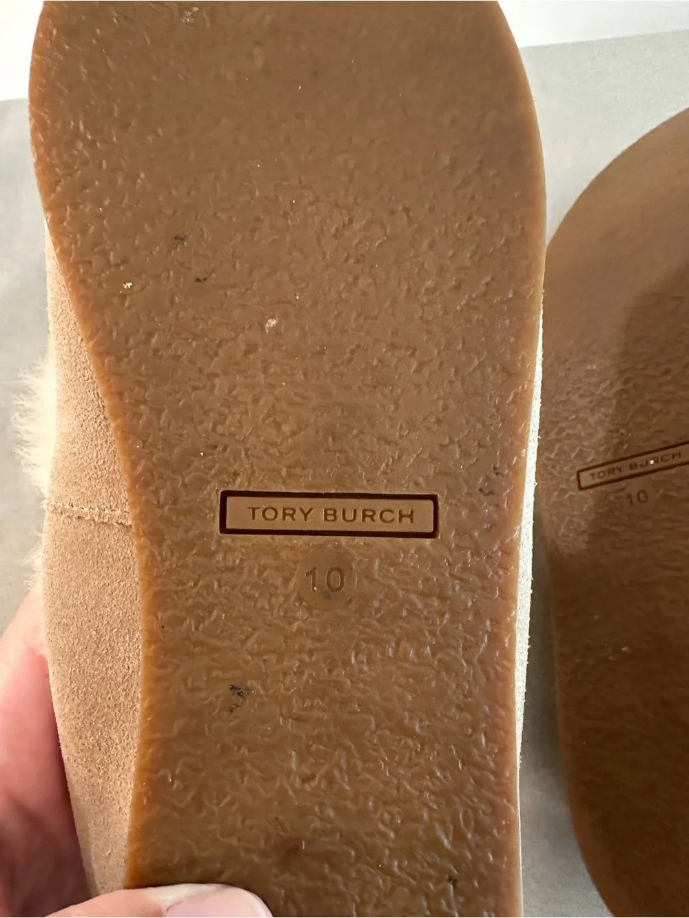 Tory Burch Aberdeen Light Camel Suede Slipper with Rabbit Fur Trim